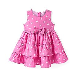 Babyhug Cotton Woven Sleeveless Frock With Bow Applique & Heart Print - Pink
