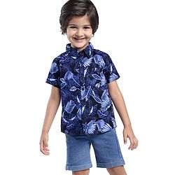 Babyhug Cotton Woven Half Sleeves Tropical Theme Printed Shirt & Solid Denim Shorts Set - Navy Blue