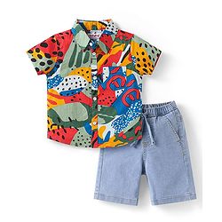 Babyhug Cotton Woven Half Sleeves Printed Shirt & Denim Shorts Set - Red & Blue