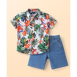 Babyhug Cotton Woven Half Sleeves Animal Printed Shirt & Denim Shorts Set - White & Blue