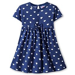 Babyhug Single Jersey Knit Half Sleeves Frock with Hearts Print & Bow Applique - Navy Blue