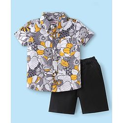 Babyhug Cotton Woven Half Sleeves Floral Printed Shirt & Denim Shorts Set - Grey