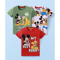 Babyhug Disney Single Jersey Knit Half Sleeves T-Shirts with Mickey & Pluto Graphics Pack of 3 - Green White & Red