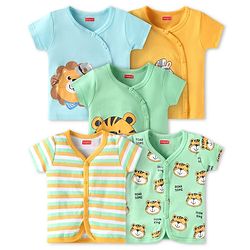 Babyhug Interlock Knit Half Sleeves Vests With Animal Print Pack of 5 - Blue Green & Yellow
