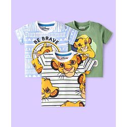 Babyhug Disney Single Jersey Knit Half Sleeves T-Shirts with Simba Graphics Pack Of 3 - White Light Blue & Olive Green