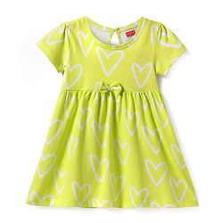 Babyhug Single Jersey Knit Half Sleeves Frock with Bow Applique & Heart Print - Light Green