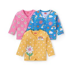 Babyhug 100% Cotton Knit Full Sleeves Front Open Vests with Floral & Polka Dots Print Pack of 3 - Yellow Blue & Pink