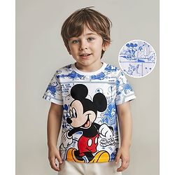Babyhug Disney Single Jersey Knit Half Sleeves T-Shirt with Mickey Mouse Graphics - White & Blue
