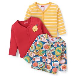 Babyhug 100% Cotton Knit Full Sleeves Front Open Vests with Striped & Fruit Print Pack of 3 - Red Yellow & Blue