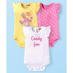 Babyhug 100% Cotton Knit Frill Sleeves Polka Dots & Hear Printed Onesies Pack of 3 - White Dark Pink & Yellow