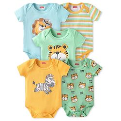 Babyhug 100% Cotton Knit Half Sleeves Striped & Animal Printed Onesies Pack of 5 - Yellow Blue & Green