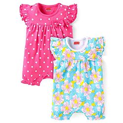 Babyhug Interlock Knit Half Sleeves Rompers With Floral & Polka Dot Print Pack of 2 - Dark Pink & Light Green