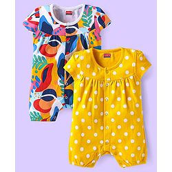 Babyhug Interlock Knit Half Sleeves Rompers With Polka Dot Print Pack of 2 - Yellow & White