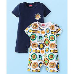 Babyhug Interlock Knit Half Sleeves Rompers With Animal & Text Print Pack of 2 - Navy Blue & White