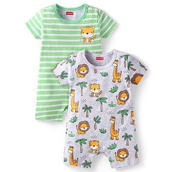 Babyhug Interlock Knit Half Sleeves Striped & Animal Printed Rompers Pack Of 2 - Green & Grey