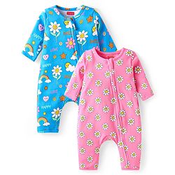 Babyhug Interlock Knit Full Sleeves Rompers With Floral Print Pack of 2 - Pink & Blue