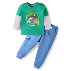 Babyhug Single Jersey Knit Full Doctor Sleeves Animal Printed T-Shirt & Joggers Set with Cargo Pockets - Blue & Light Green