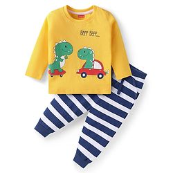Babyhug Single Jersey Knit Full Sleeves T-Shirt & Lounge Pant Set With Dino Print - Yellow