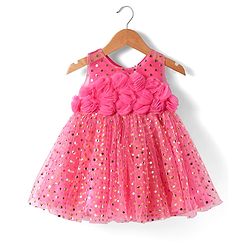 Babyhug Woven Sleeveless Foil Printed Fit & Flared Textured Party Mesh Dress with Floral Appliques on Yoke - Neon Pink