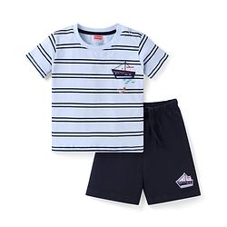 Babyhug Single Jersey Knit Half Sleeves Striped T-Shirt & Shorts Set with Boat Print - Black