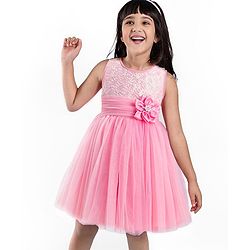 Babyhug Woven Sleeveless Party Dress With Floral Applique - Pink