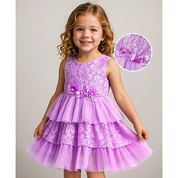 Babyhug Woven Sleeveless Party Dress With Floral Applique & Lace Detailing - Lilac