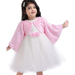 Babyhug Woven Full Sleeves Flora Foil Printed Shrug & Fit & Flared Shimmered Party Dress with Fur Yoke - Pink