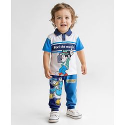 Babyhug Disney Cotton Knit Half Sleeves Polo T-Shirt & Lounge Pant Set With Mickey Mouse Graphics - White & Blue
