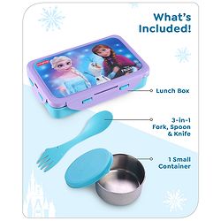 Babyhug Disney Frozen 3D Stainless Steel Lunch box with inner container,700ml & 100ml, Airtight Lunch for School Kids|BPA Free|100% Food Grade|Dishwasher Safe|Reusable|Recyclable- Lavender