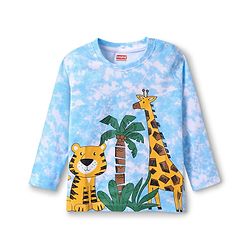 Babyhug Cotton Knit Full Sleeves Animal Print T-Shirt - Light Blue