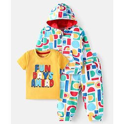 Babyhug Terry Knit Full Sleeves Printed Hooded Sweatjacket & Lounge Pant Set With T-Shirt - Light Blue & Yellow