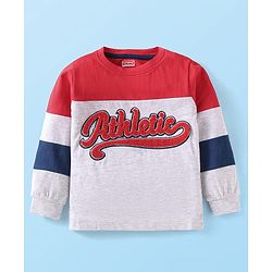 Babyhug Cotton Knit Full Sleeves T-Shirt With Text Exmbroidery - Light Grey & Red
