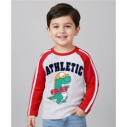 Babyhug Cotton Knit Full Raglan Sleeves T-Shirt with Dino Graphics - Red & Grey
