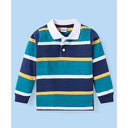 Babyhug Cotton Knit Full Sleeves Striped Polo T-Shirt - Navy Blue & Green