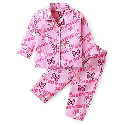 Babyhug Disney Single Jersey Knit Full Sleeves Night Suit With Minnie Mouse Print - Pink