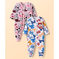 Babyhug Disney Interlock Knit Full Sleeves Footed Sleep Suits with Minnie Mouse Graphics Pack of 2 - Pink & White