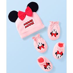 Babyhug Disney Interlock Knit Cap Mittens & Booties Set with Minnie Mouse Graphics & Bow Applique Pink - Diameter 10 cm
