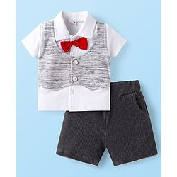 Babyhug Single Jersey Knit Half Sleeves Shirt & Shorts Set With Bow Applique - White & Black