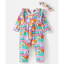Babyhug Interlock Knit Full Sleeves Romper With Floral Print & Hairband - Green