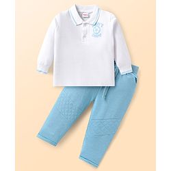 Babyhug Single Jersey Knit Collar Front-Buttons T-Shirt with Daddy Champ Embroidered and Joggers Set - Light Blue