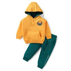 Babyhug Terry Knit Full Sleeves Hooded Sweatshirt & Lounge Pant Set With Adventure Print & Patch & Kangaroo Pockets - Yellow & Green