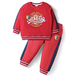 Babyhug Terry Knit Full Sleeves Text Printed T-Shirt & Joggers Set - Red & Blue