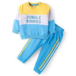 Babyhug Terry Knit Full Sleeves Cut & Sew T-Shirt with Text Embroidery & Taped Joggers -  Blue & Yellow