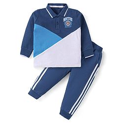 Babyhug Single Jersey Knit Full Sleeves Cut & Sew Embroidered Collared T-Shirt & Jogger with Tape Detailing - Blue &  White
