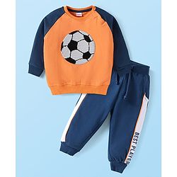 Babyhug Terry Knit Full Raglan Sleeves T-Shirt & Lounge Pant Set with Tape & Sequin Detailing - Navy Blue & Orange