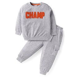 Babyhug Terry Knit Full Sleeves T-Shirt & Lounge Pant With Text Embroidered - Grey