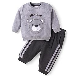 Babyhug Terry Knit Full Sleeves T-Shirt & Lounge Pant Set With Bear Patch & Text Embroidery - Grey & Black
