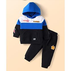 Babyhug Terry Knit Full Sleeves Cut & Sew Hooded T-Shirt & Lounge Pant Set with Text Print & Embroidery - Black