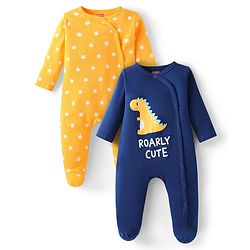 Babyhug Cotton Knit Full Sleeves Sleep Suits With Star & Dino Print Pack of 2 - Navy Blue & Yellow