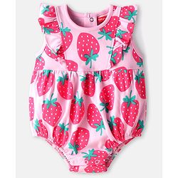 Babyhug 100% Cotton Knit Frill Sleeves Strawberry Printed Onesie - Pink